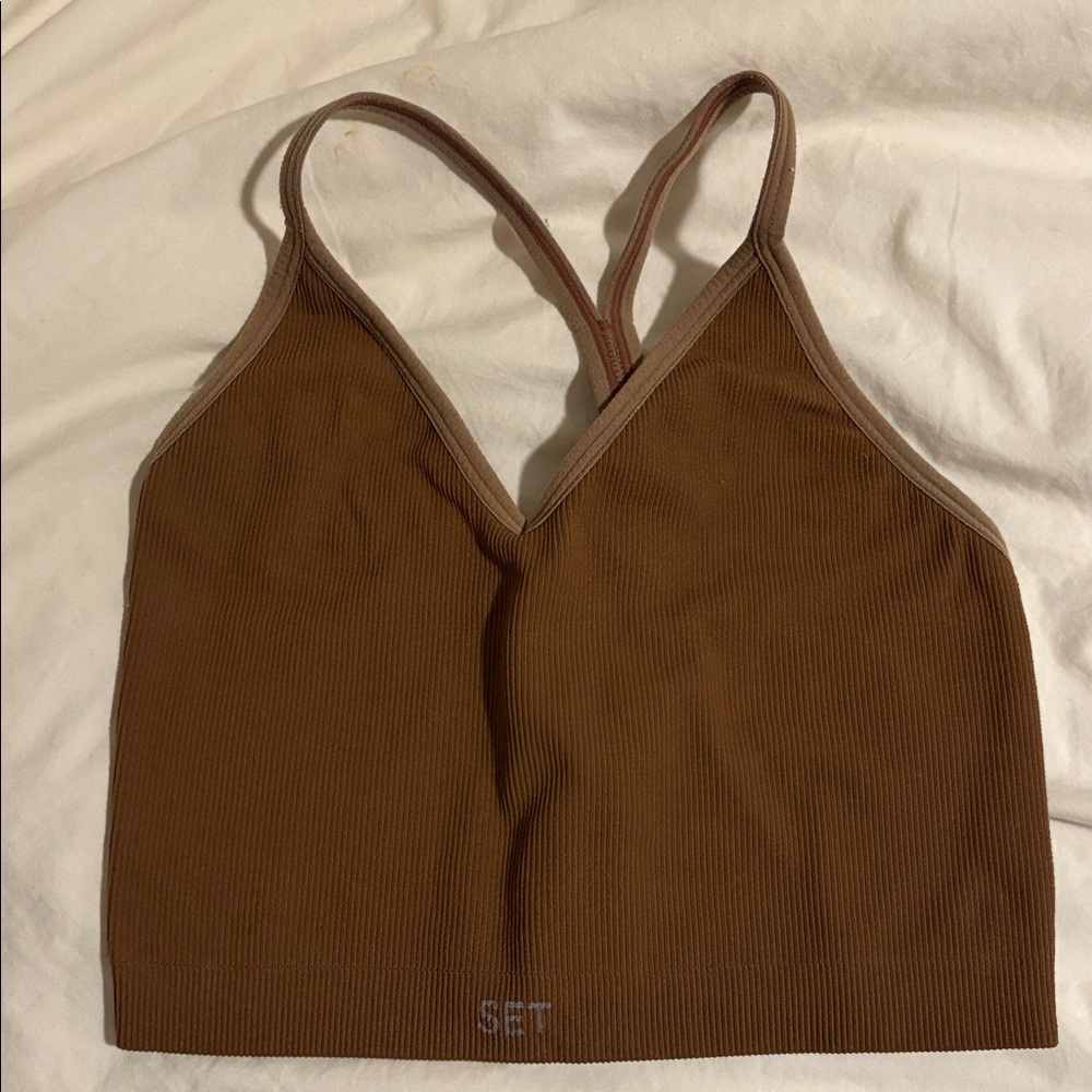 SET Active Cropped Workout Top Athletic Crop Tank Brown Size Small
